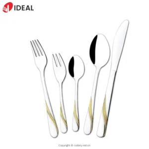 304 Stainless Steel 5-Piece Gold Plated Knife Fork Spoon Set Handcrafted Mirror Polish